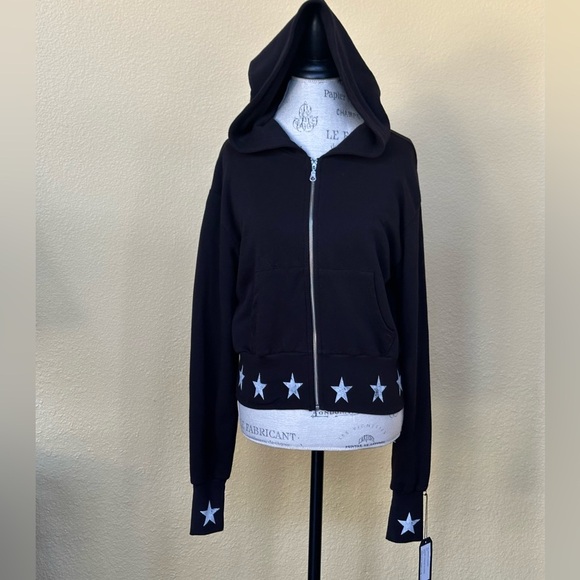 Michael Lauren Black Cropped Kaholo Star Print Hooded Jacket Small New With Tags - Picture 6 of 13